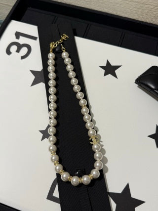 Chanel Light Gold Short Necklace with White Pearls and Full Pavé Crystals