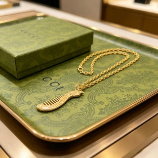 Gucci GG Ribbed Drop Pendant Gold Chain Necklace