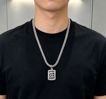 Gucci GG Monogram Shield Pendant Silver Chain Necklace