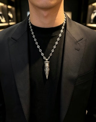 Gucci GG Engraved Spike Pendant Chain Necklace